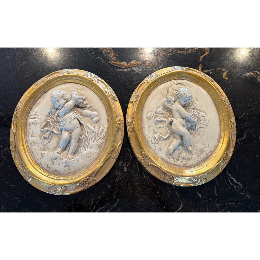 2 Antique Vtg Plaster Chalkware 3D Wall Plaques Cherub Gold Grape Leaf Frame